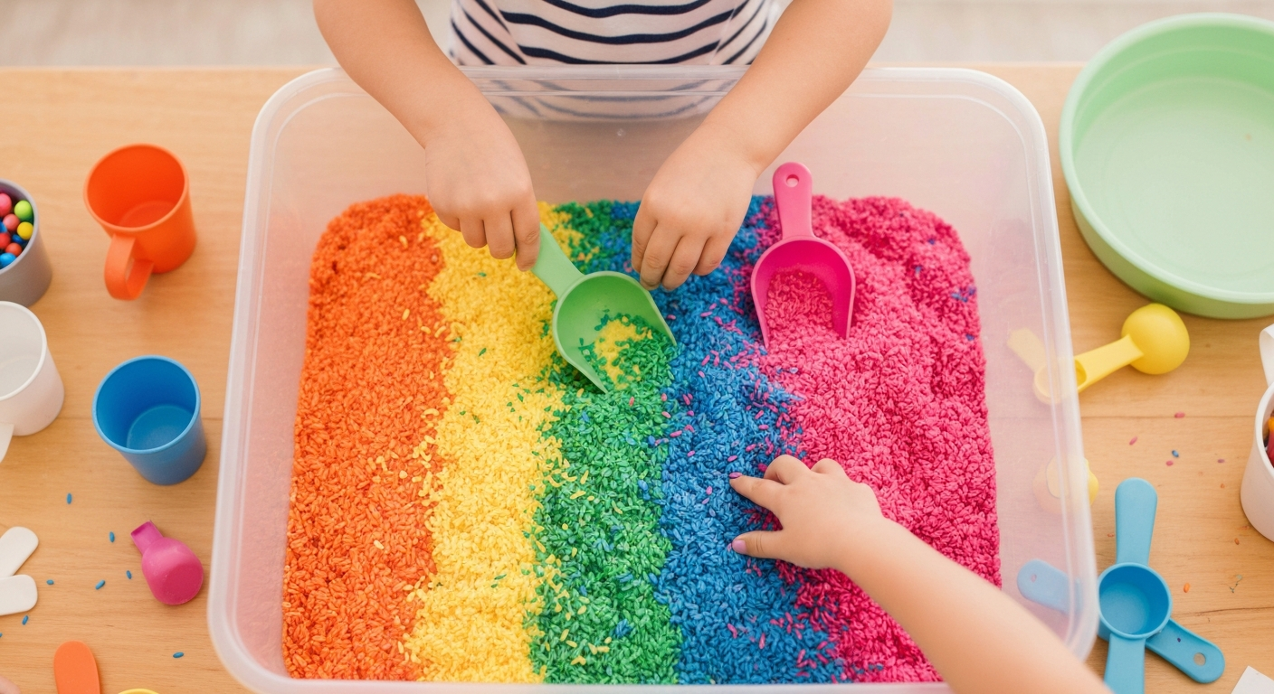 Rainbow Rice Sensory Bin: How to Make and 10 Ways to Play