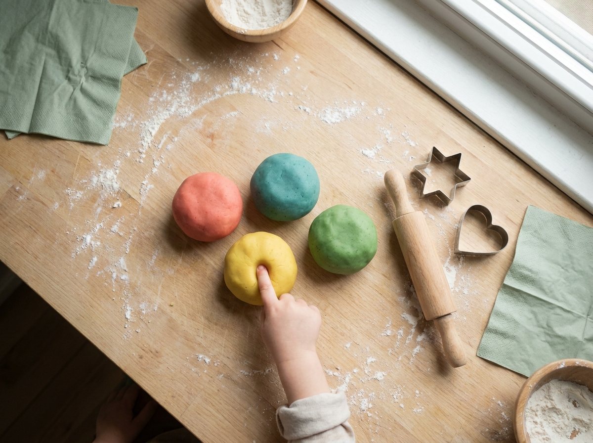 Four colorful balls of homemade playdough on a floured wooden counter with a rolling pin and cookie cutters