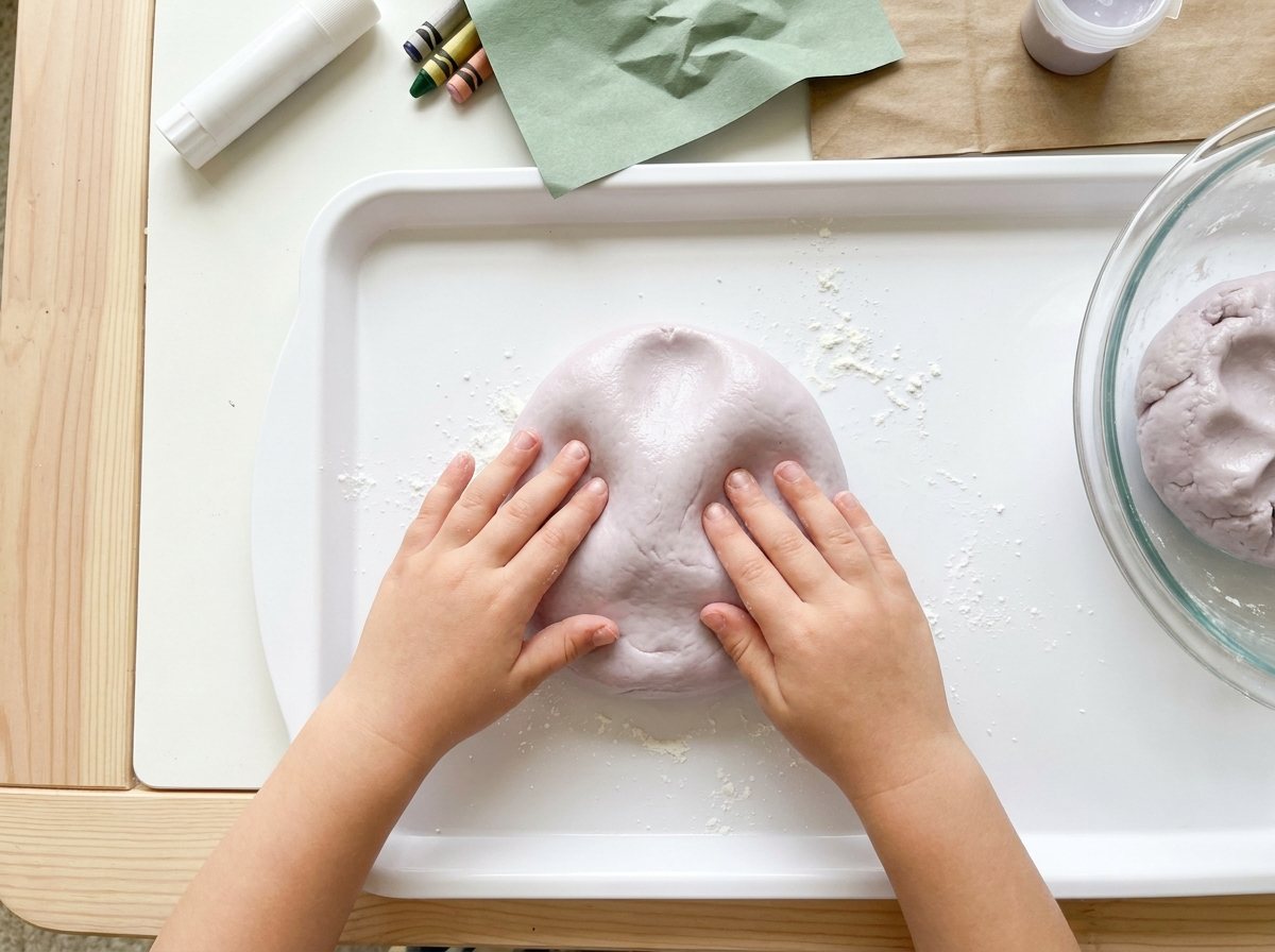 Child's hands pressing silky pale lavender conditioner dough on a white tray