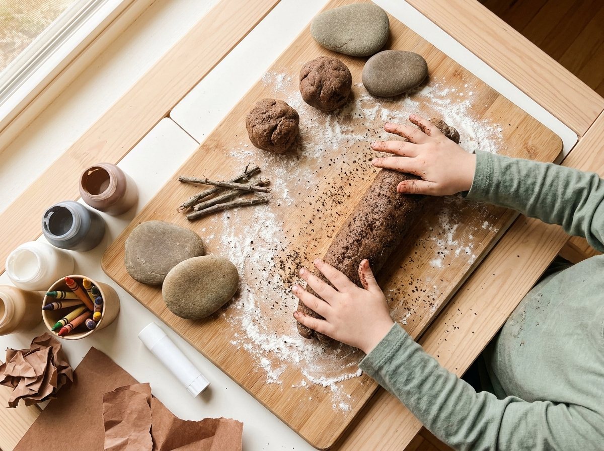 Hands rolling gritty brown coffee grounds playdough into a log on a wooden board