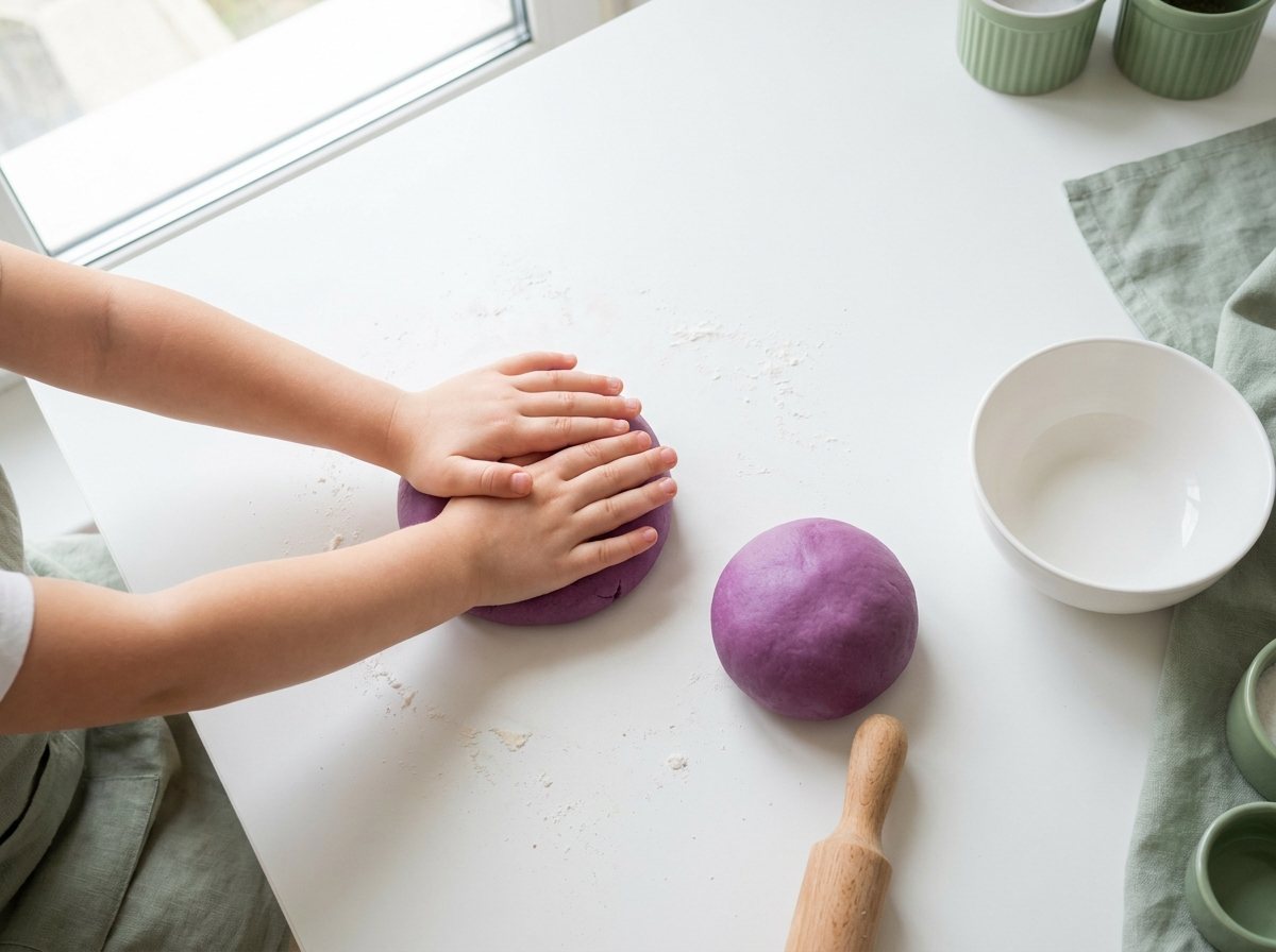 Preschooler's hands flattening a bright purple scented playdough ball on a floured counter
