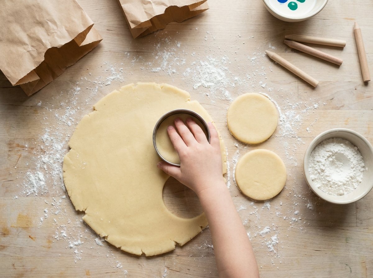 Child pressing a cookie cutter into pale yellow gluten-free playdough dusted with cornstarch