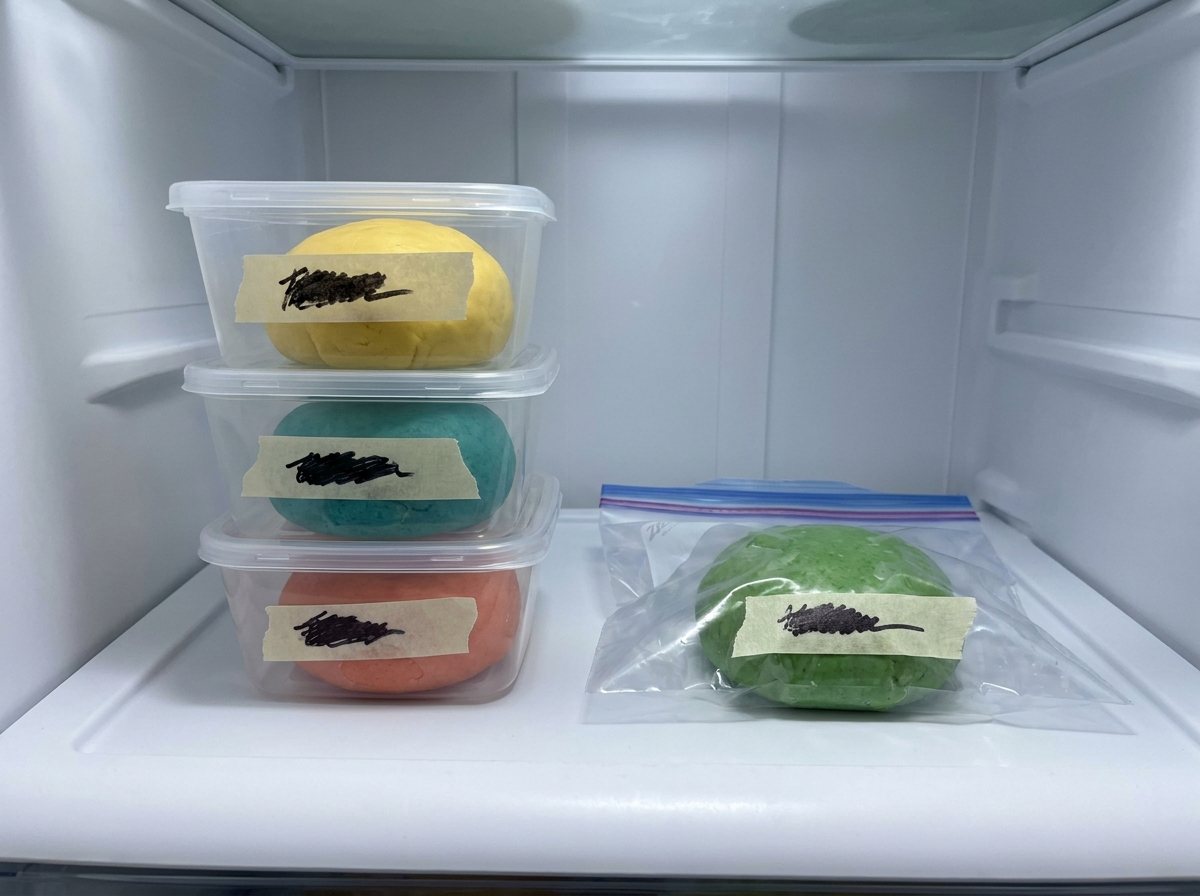 Four colors of playdough in separate airtight containers and a bag on a fridge shelf