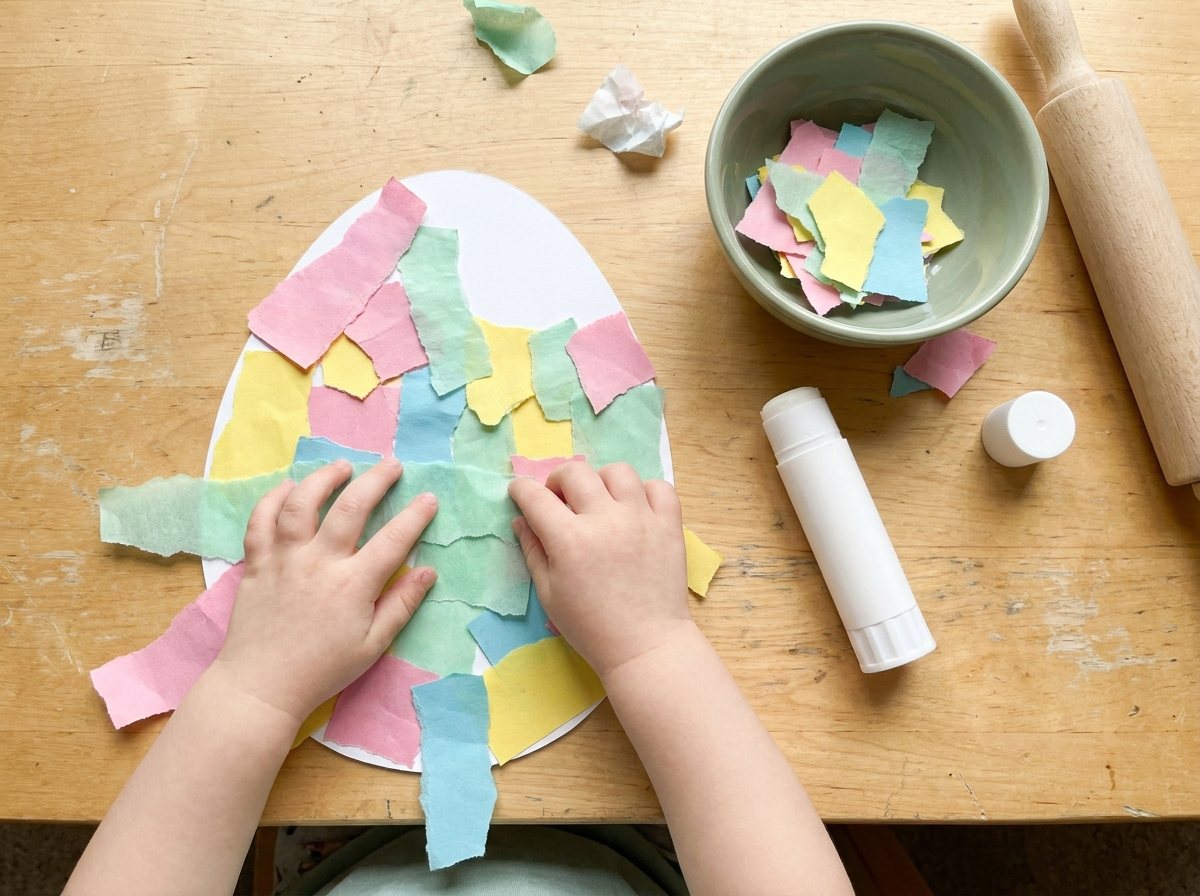 Toddler hand pressing torn pastel paper onto a large white card stock egg beside a glue stick
