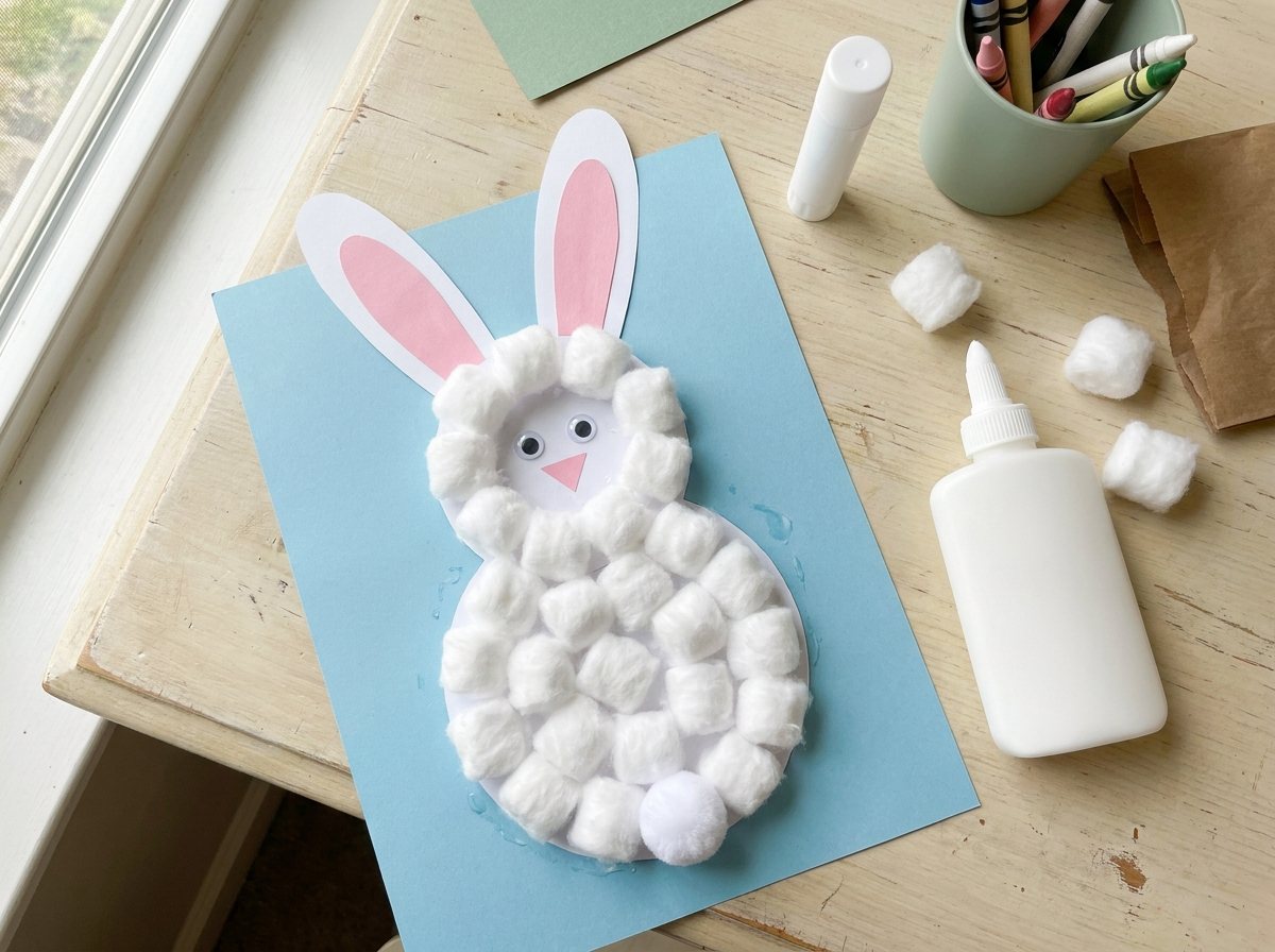 Finished bunny for ages 4 and up, made with cotton balls, googly eyes and a pink triangle nose, with flat pink inner ears on construction paper