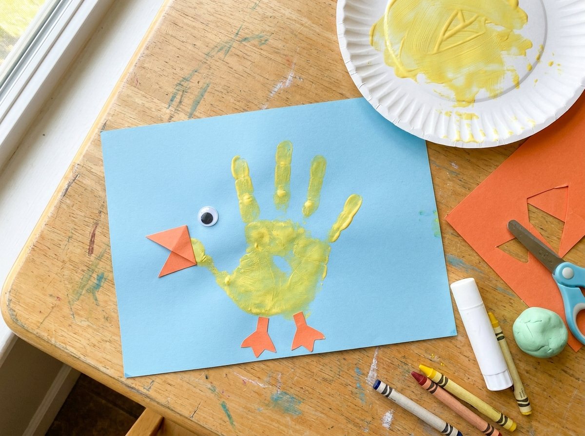 Yellow painted handprint chick with orange beak, one googly eye (ages 4 and up; draw it with marker under 4) and orange feet on blue paper