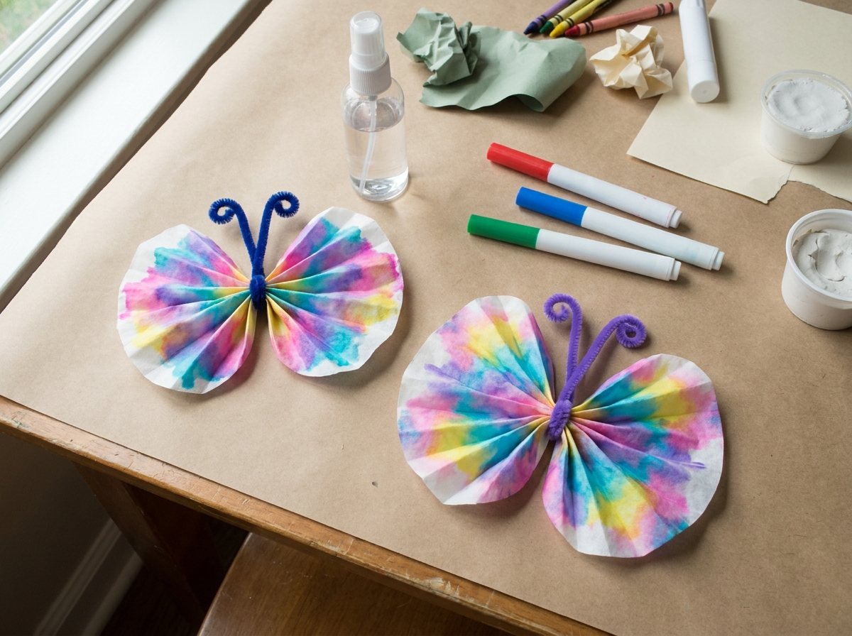 Two coffee filter butterflies with bled marker colors and curled pipe cleaner antennae