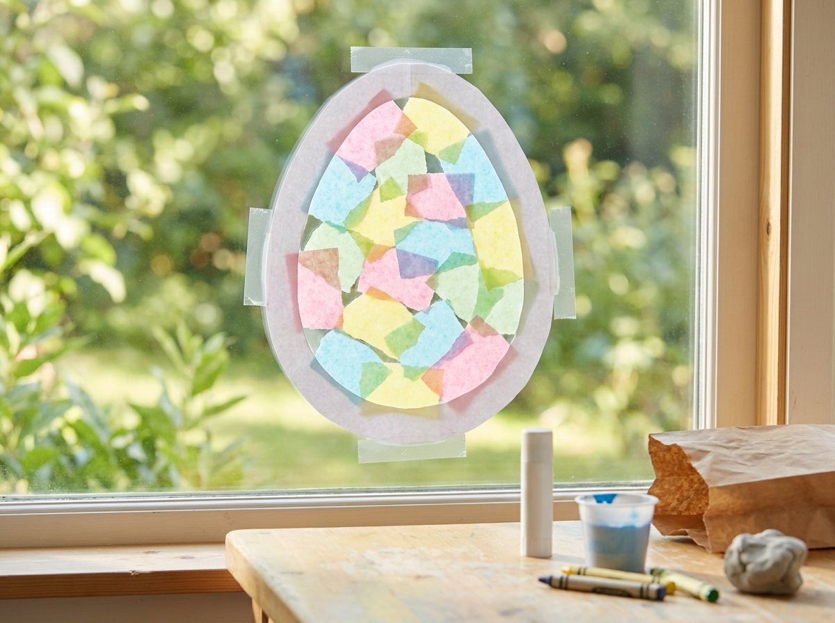 Egg-shaped tissue paper sun catcher glowing in a sunny window, made of pastel tissue on contact paper