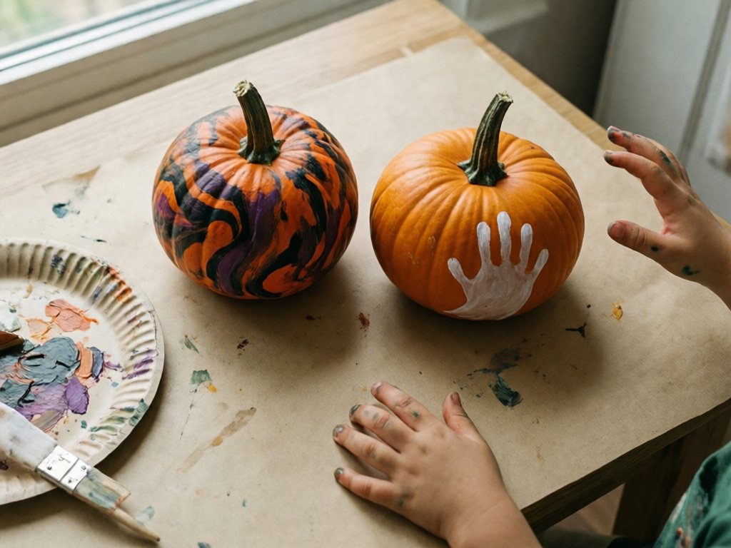 Two small pumpkins painted with purple and black swirls and a white handprint ghost on a kraft-paper-covered table