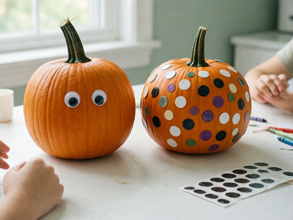 One pumpkin with two googly eyes beside a pumpkin covered in round dot stickers on a white table; googly eyes and small dot stickers are for ages 4 and up, with an adult