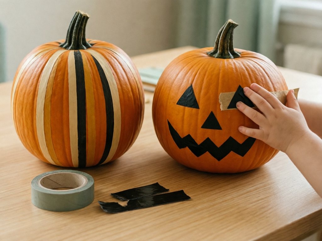 A washi-tape striped pumpkin and a pumpkin with a black tape jack-o'-lantern face on a wooden table