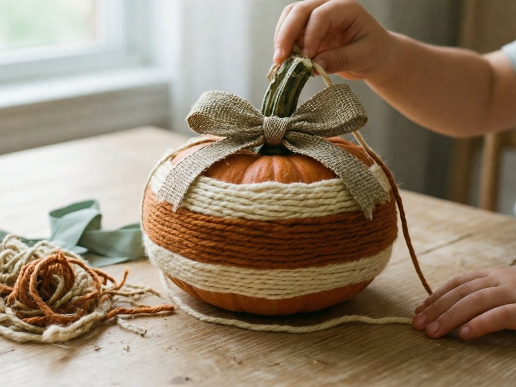 A small pumpkin wrapped in cream and orange yarn with a linen bow at the stem on a wooden table