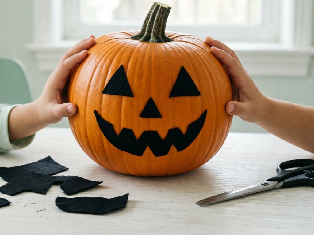 An orange pumpkin with a jack-o'-lantern face made from black felt shapes on a white table
