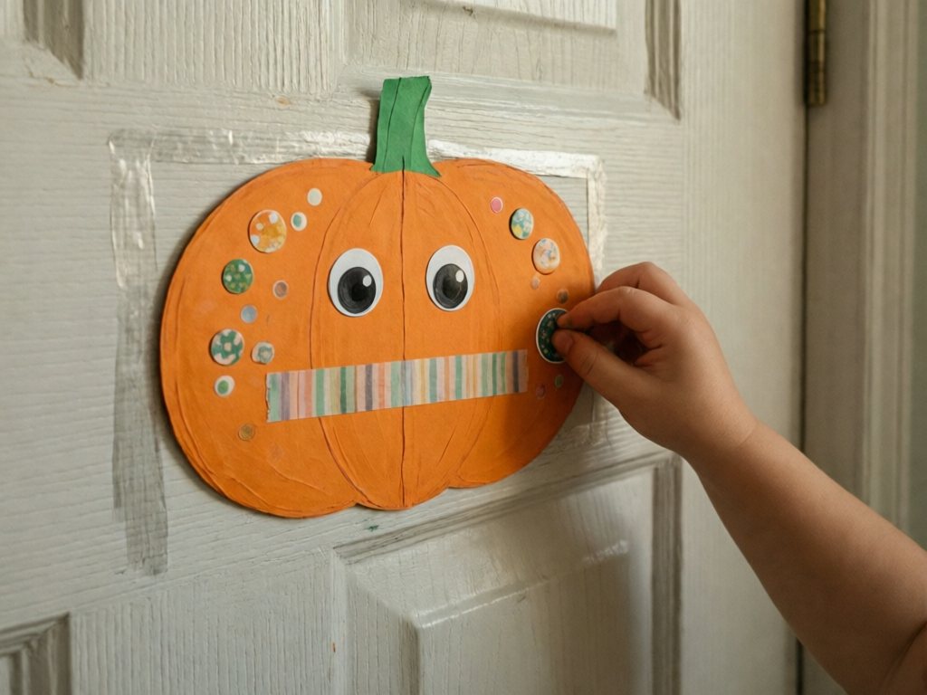 An orange paper pumpkin decorated with googly eyes and stickers taped to a front door; an adult adds the googly eyes and sits beside young children using big stickers