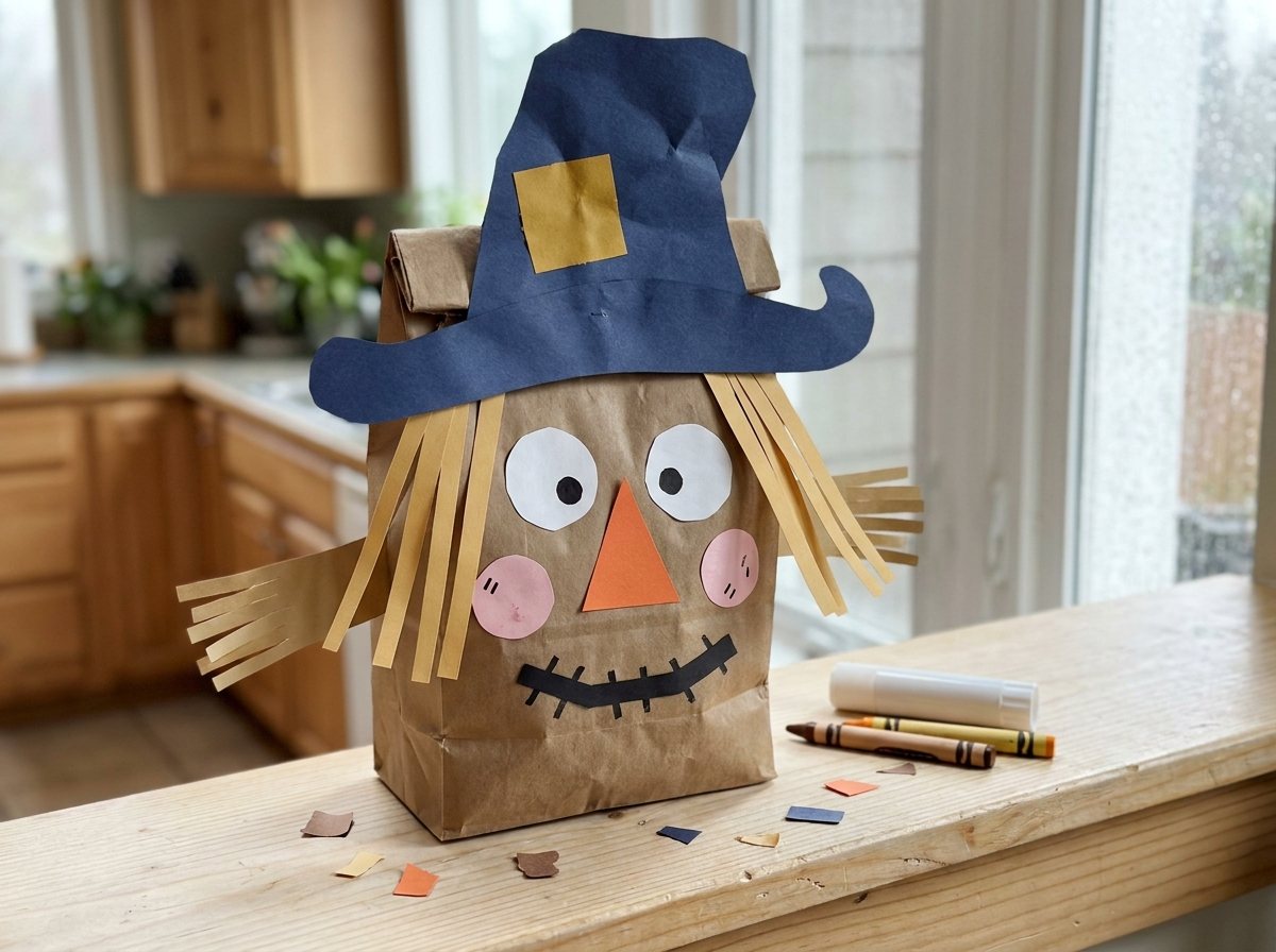 Finished brown paper bag scarecrow with navy hat, tan paper hay strips and stitched face on a windowsill