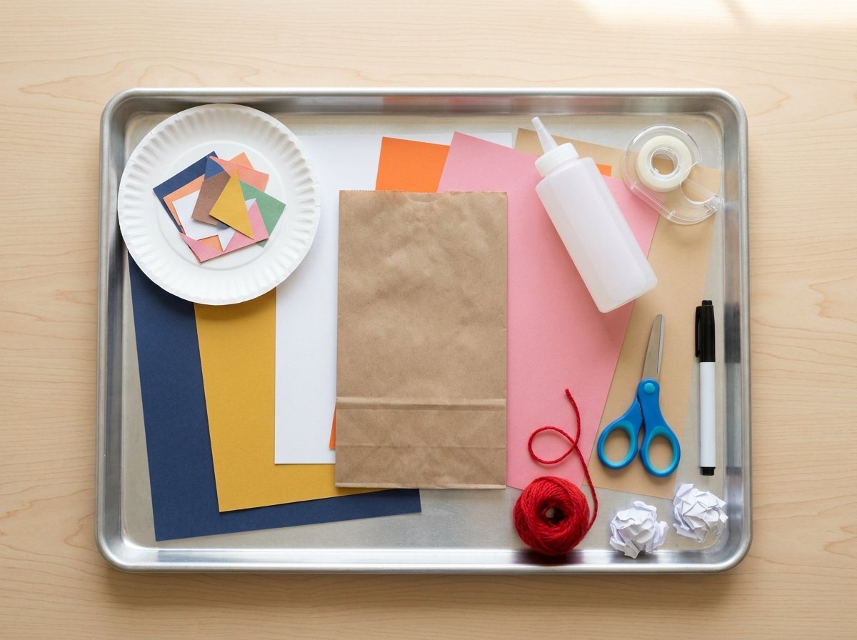Flat lay of brown lunch bag, colored construction paper, glue, tape, scissors and marker on a baking sheet