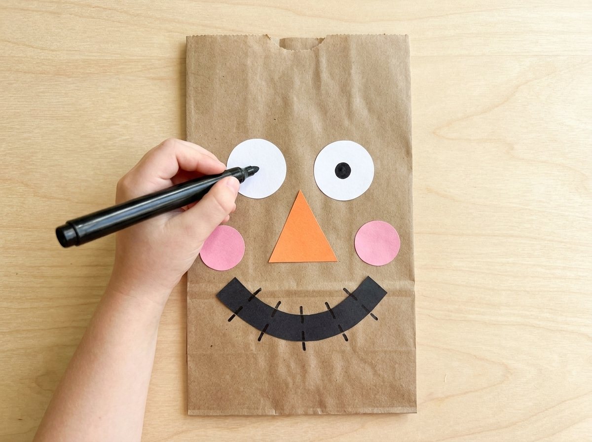 Step 2: Draw the pupils and stitch marks