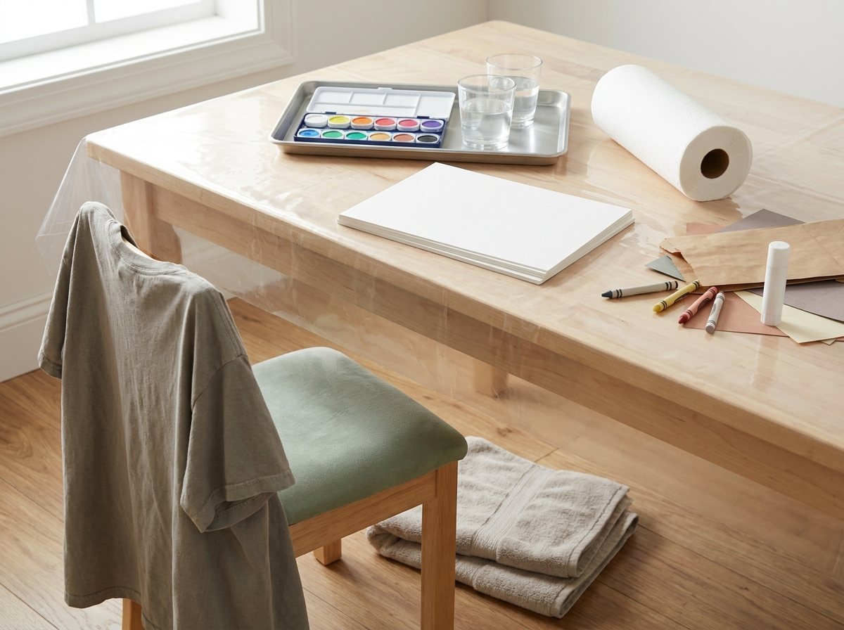 Kitchen table covered with plastic cloth, paint set on a tray, two water cups, smock on a chair