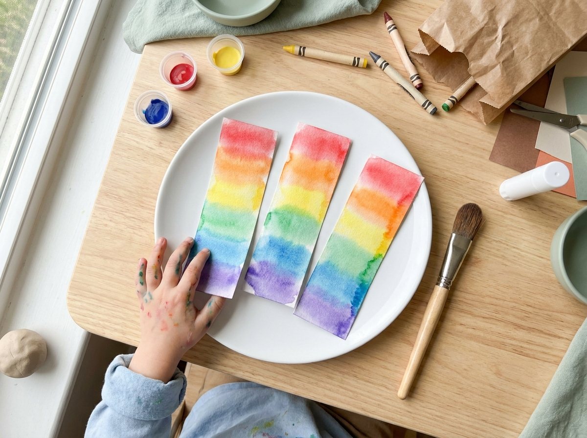 Rainbow wash bookmarks with blended stripes on narrow watercolor paper strips