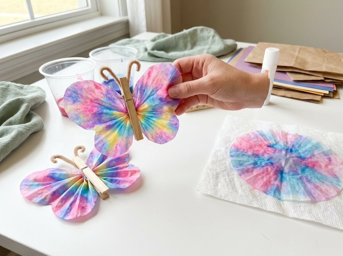 Coffee filter butterflies with blended color wings and clothespin bodies, one with pipe cleaner antennae added for ages 3 and up