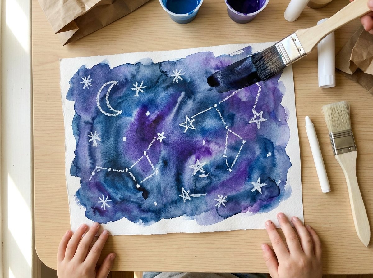 Dark blue and purple watercolor night sky with white crayon stars and moon revealed