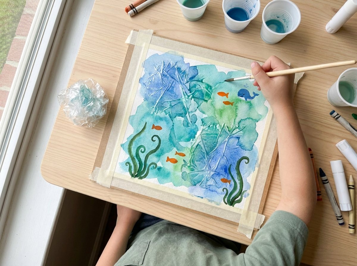Ocean watercolor with plastic wrap texture and painted fish, seaweed and a whale