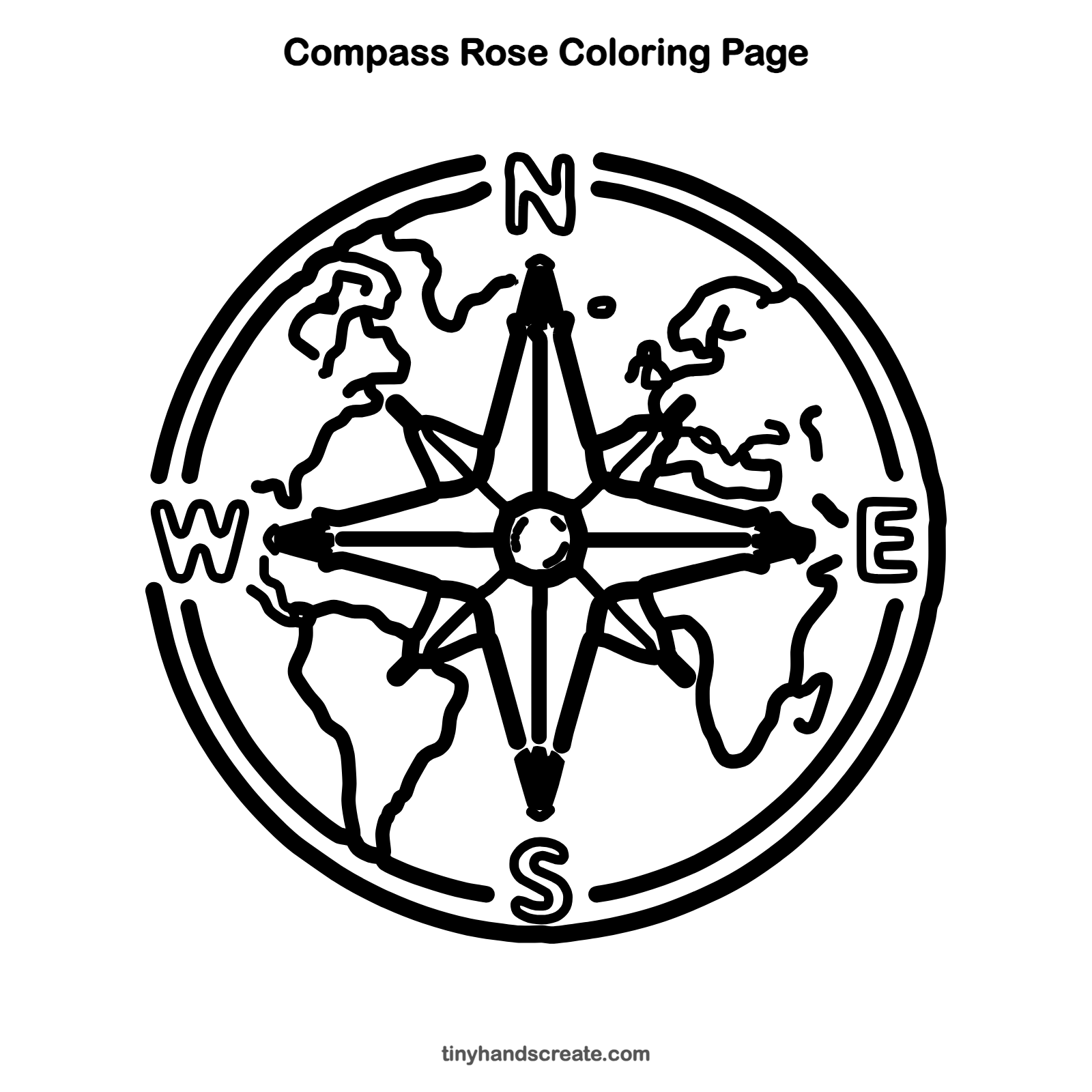 Free printable compass rose coloring page for kids