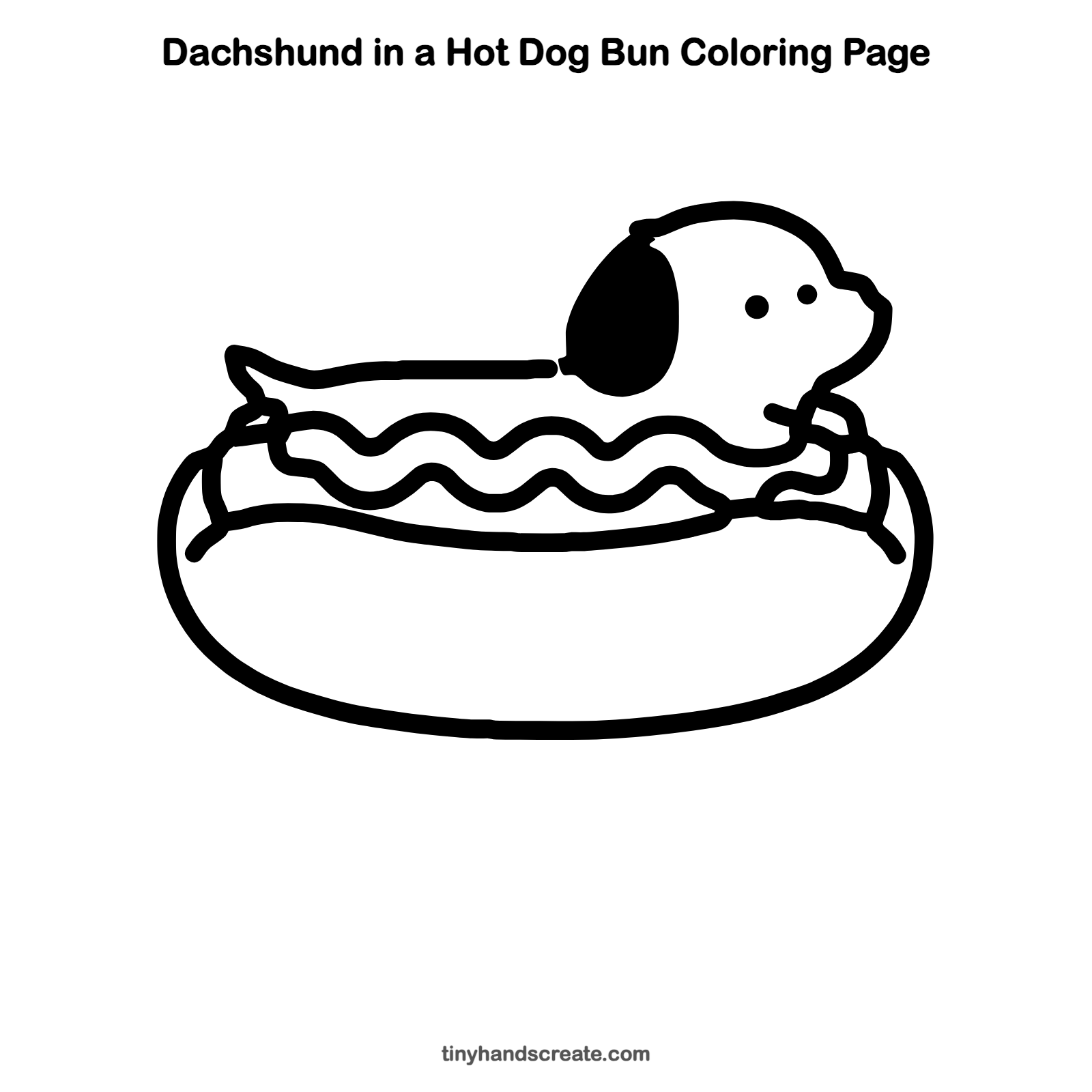 Free printable dachshund in a hot dog bun coloring page for kids