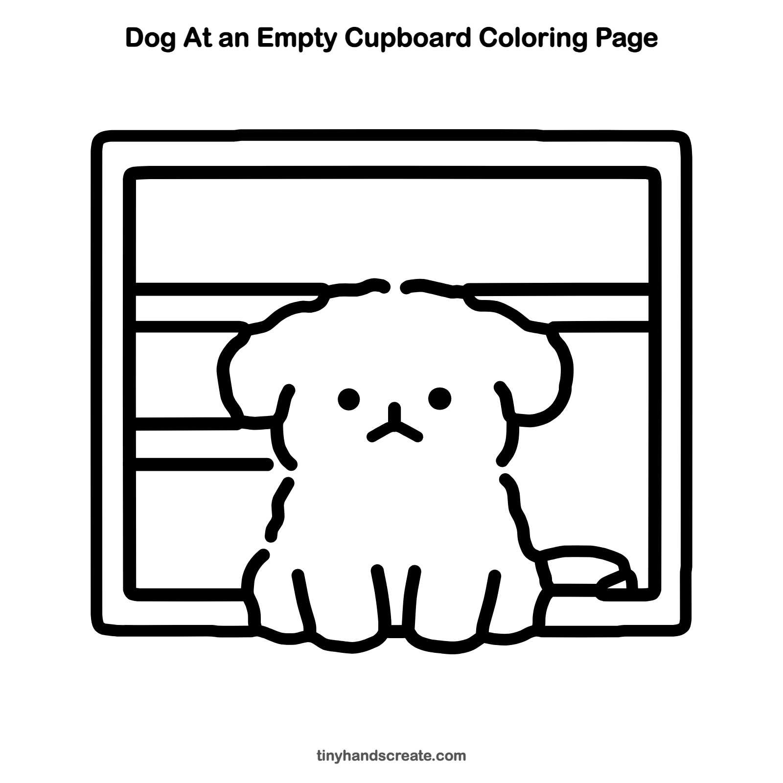 Free printable dog at an empty cupboard coloring page for kids