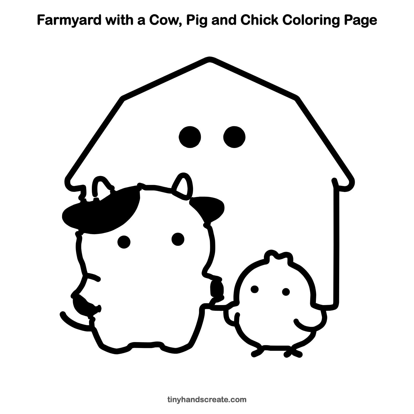 Free printable farmyard with a cow, pig and chick coloring page for kids