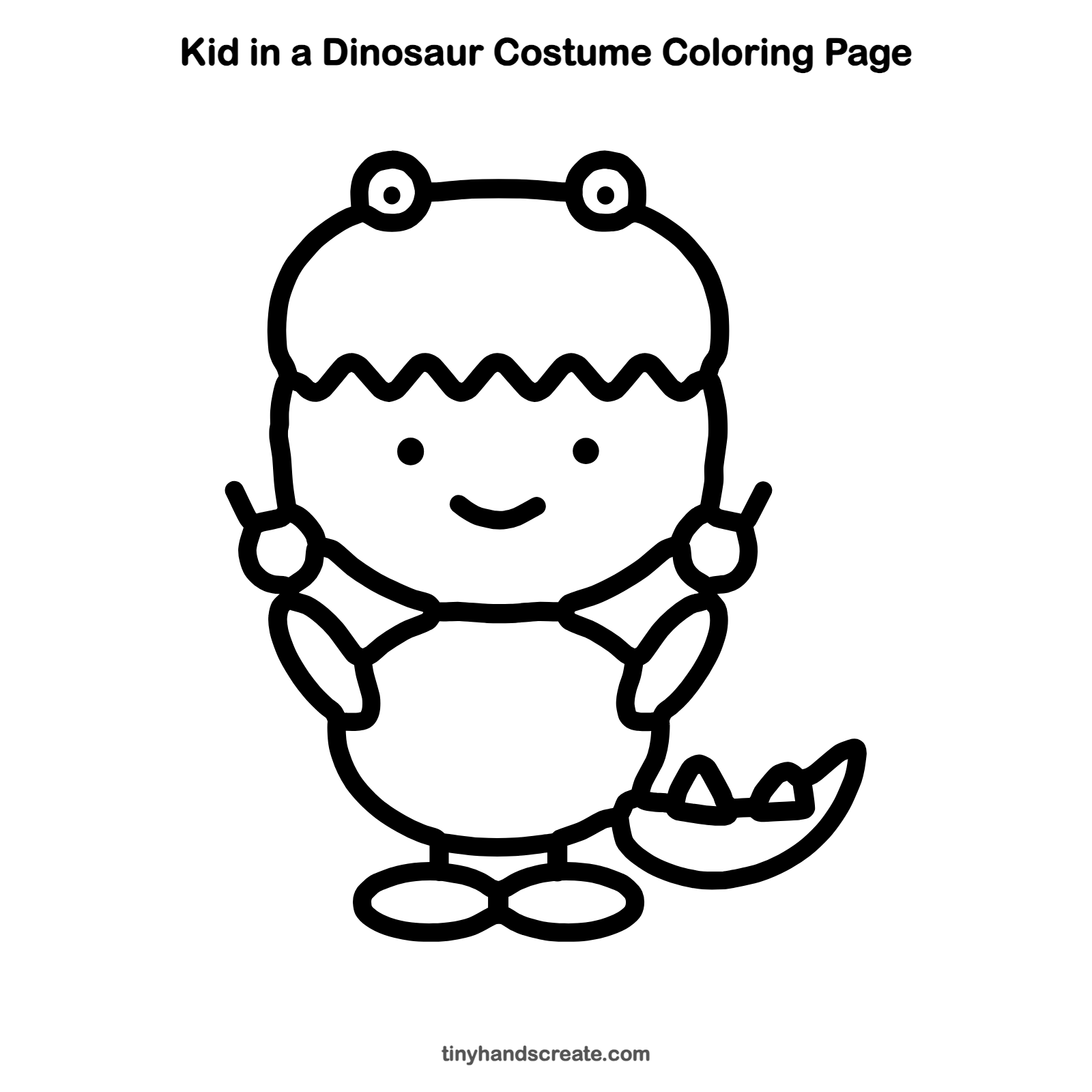 Free printable kid in a dinosaur costume coloring page for kids