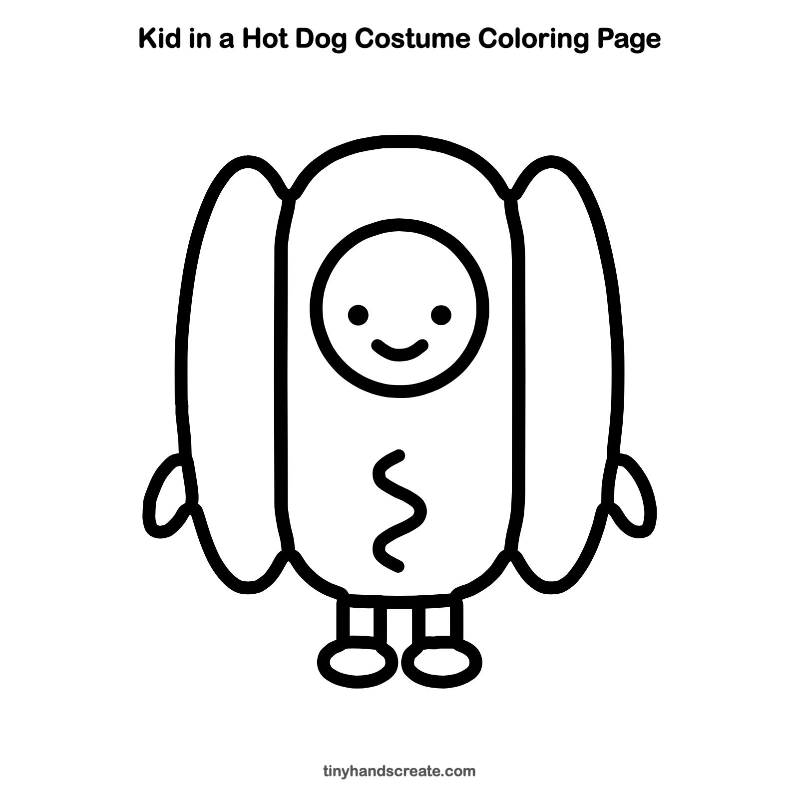 Free printable kid in a hot dog costume coloring page for kids