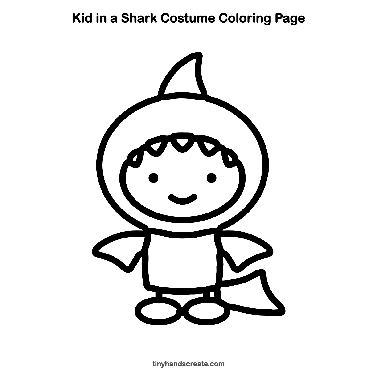Free printable kid in a shark costume coloring page for kids