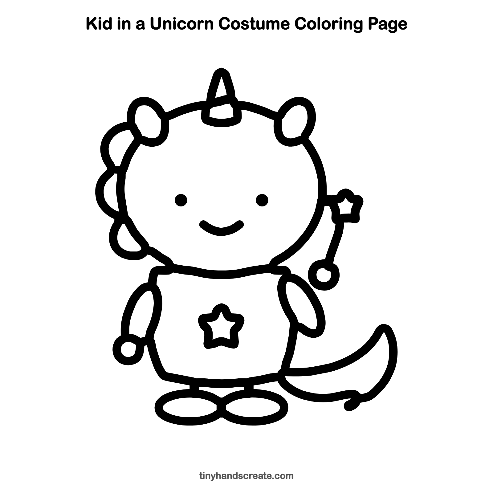 Free printable kid in a unicorn costume coloring page for kids