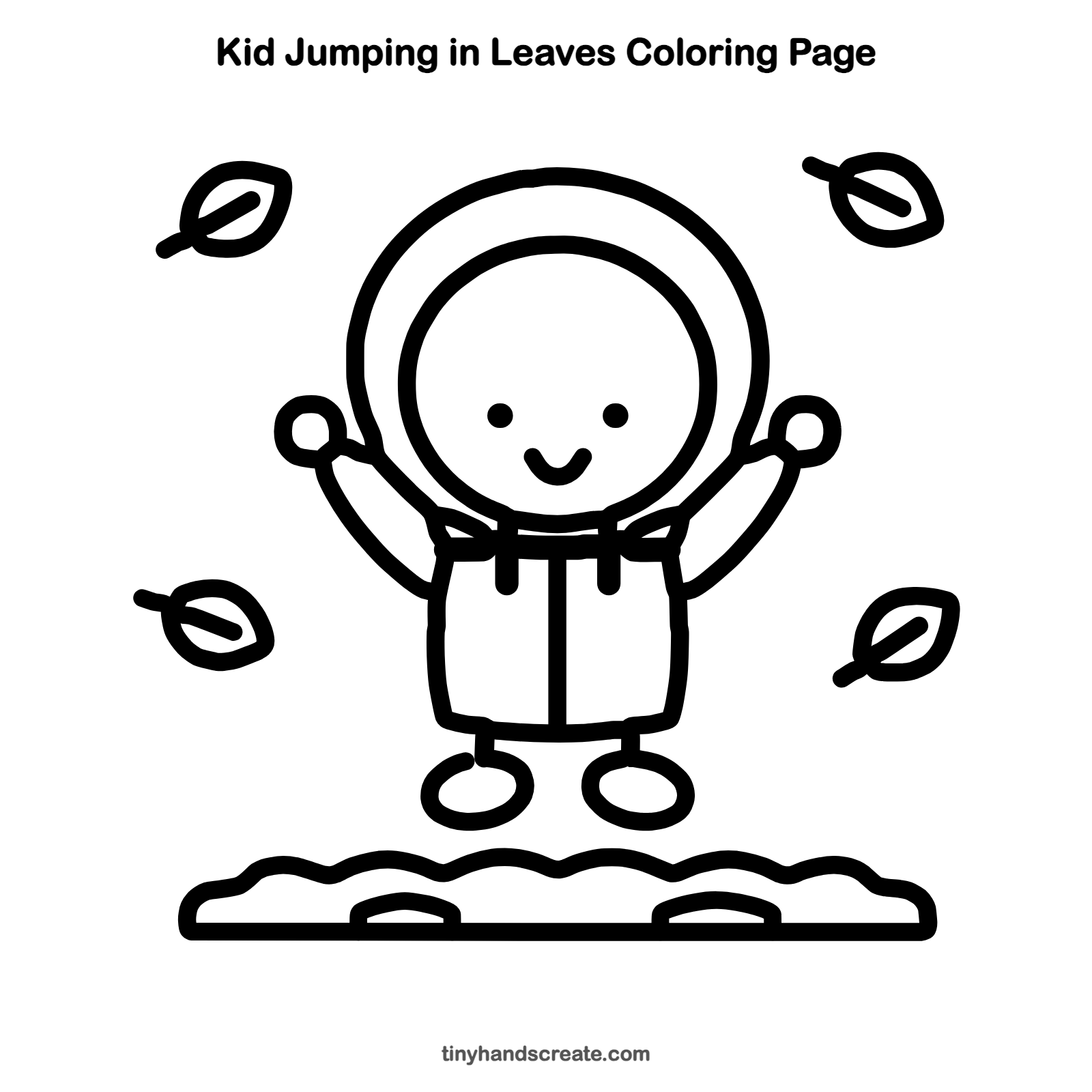 Free printable kid jumping in leaves coloring page for kids