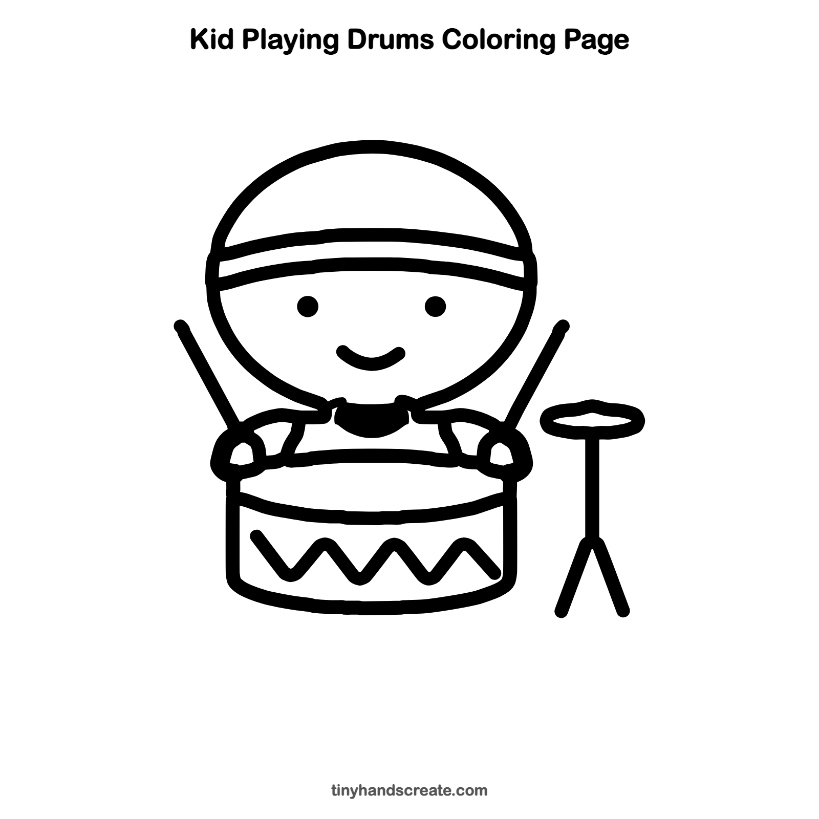 Free printable kid playing drums coloring page for kids