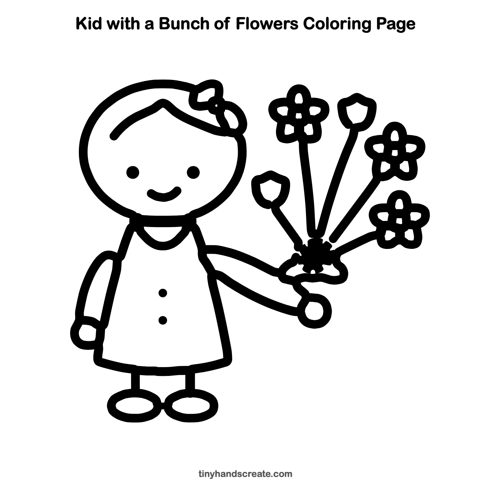Free printable kid with a bunch of flowers coloring page for kids