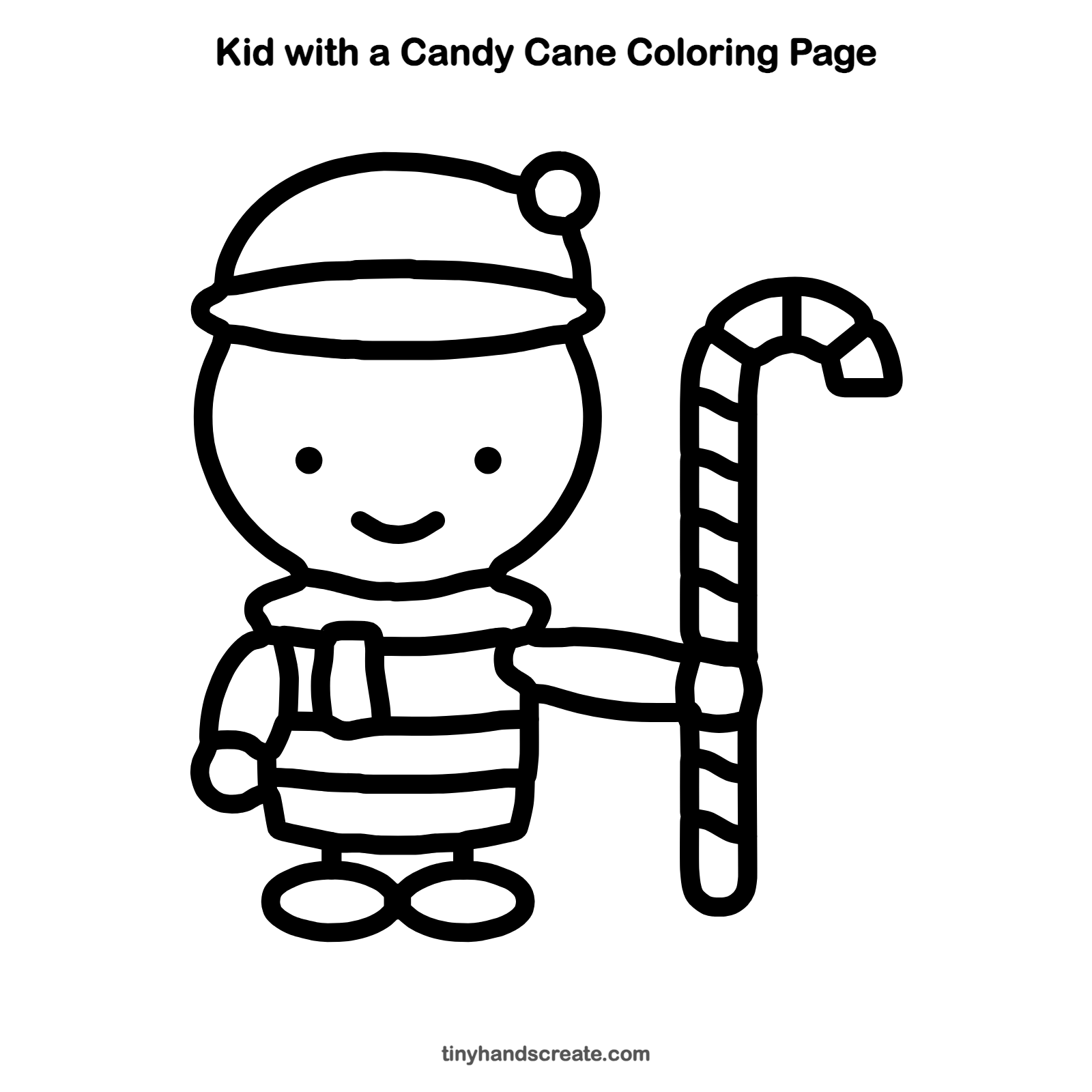 Free printable kid with a candy cane coloring page for kids