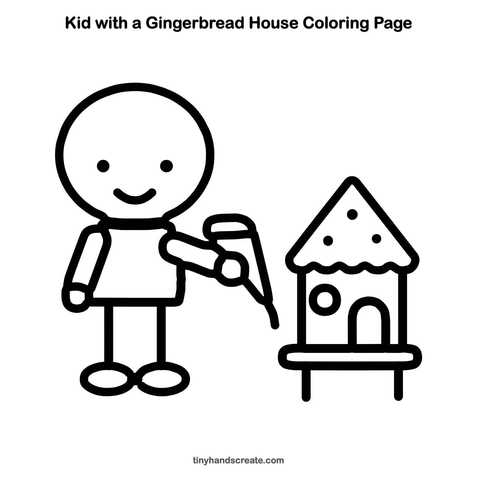 Free printable kid with a gingerbread house coloring page for kids