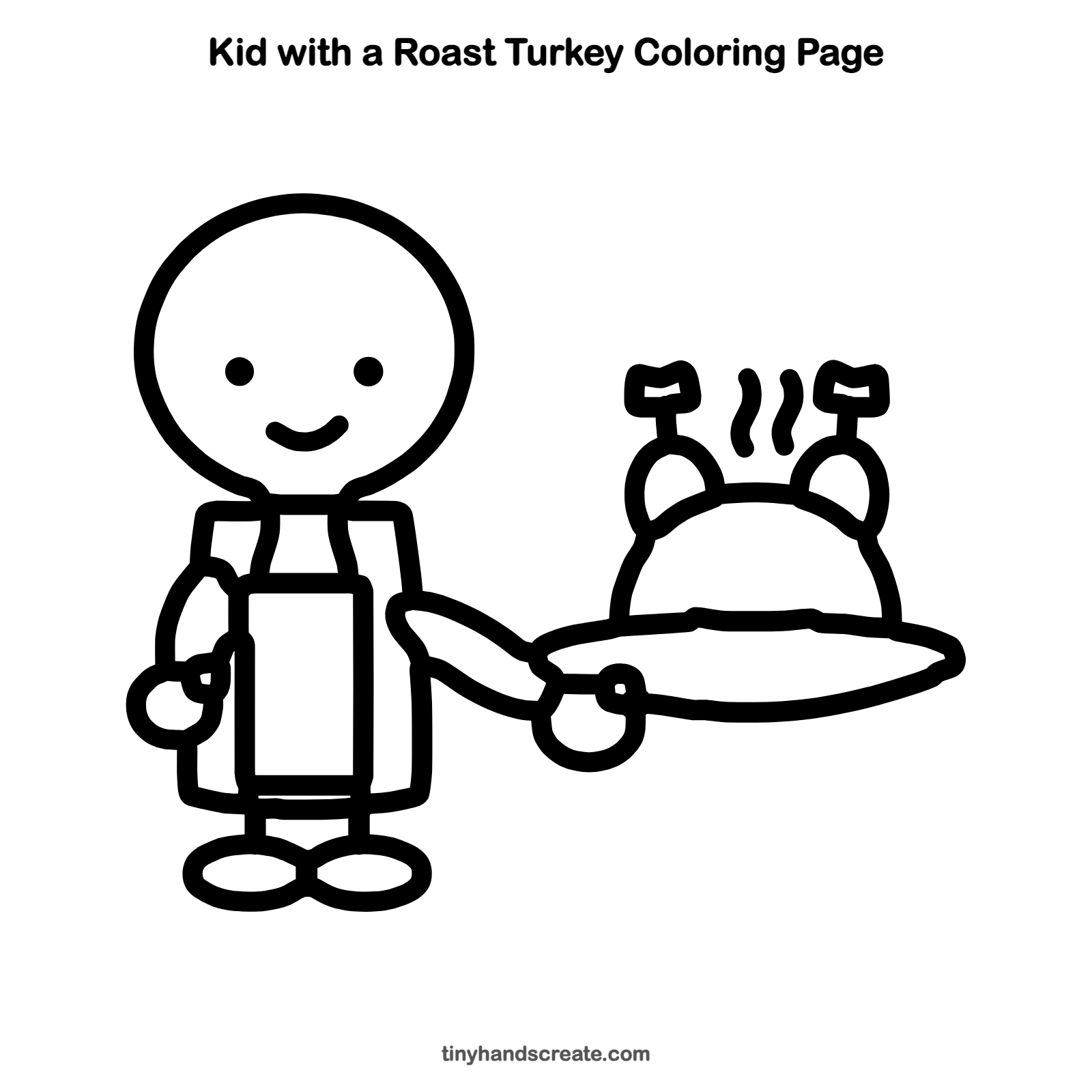 Free printable kid with a roast turkey coloring page for kids