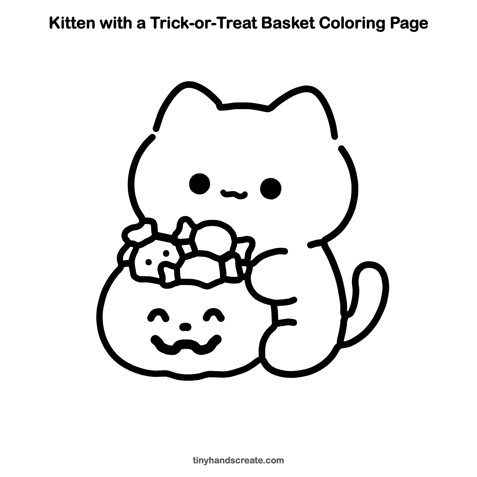 Free printable kitten with a trick-or-treat basket coloring page for kids