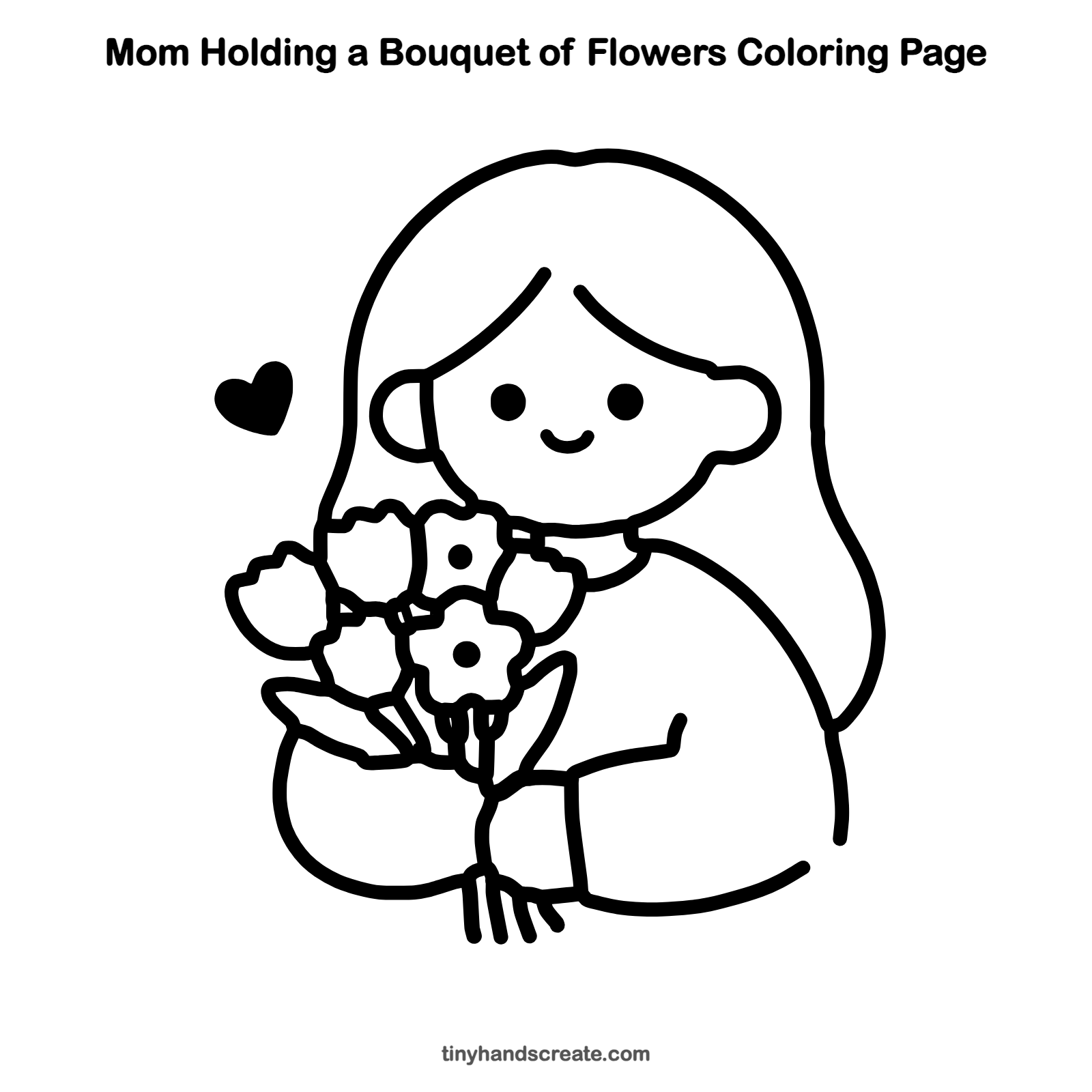 Free printable mom holding a bouquet of flowers coloring page for kids