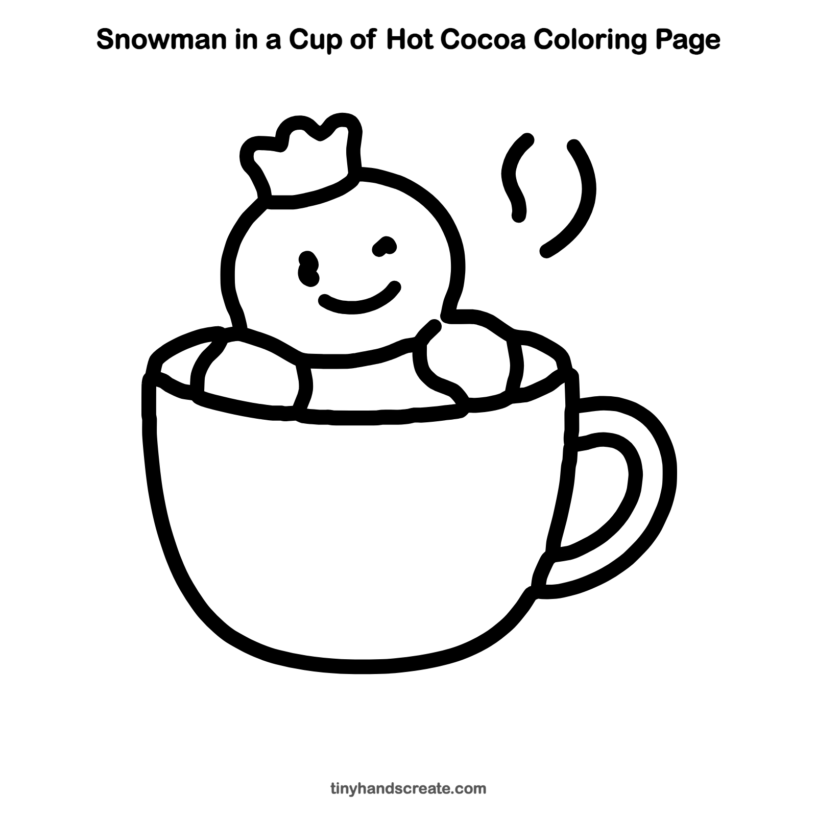 Free printable snowman in a cup of hot cocoa coloring page for kids