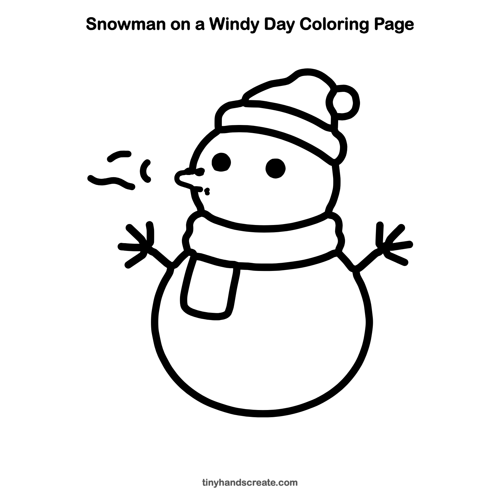 Free printable snowman on a windy day coloring page for kids