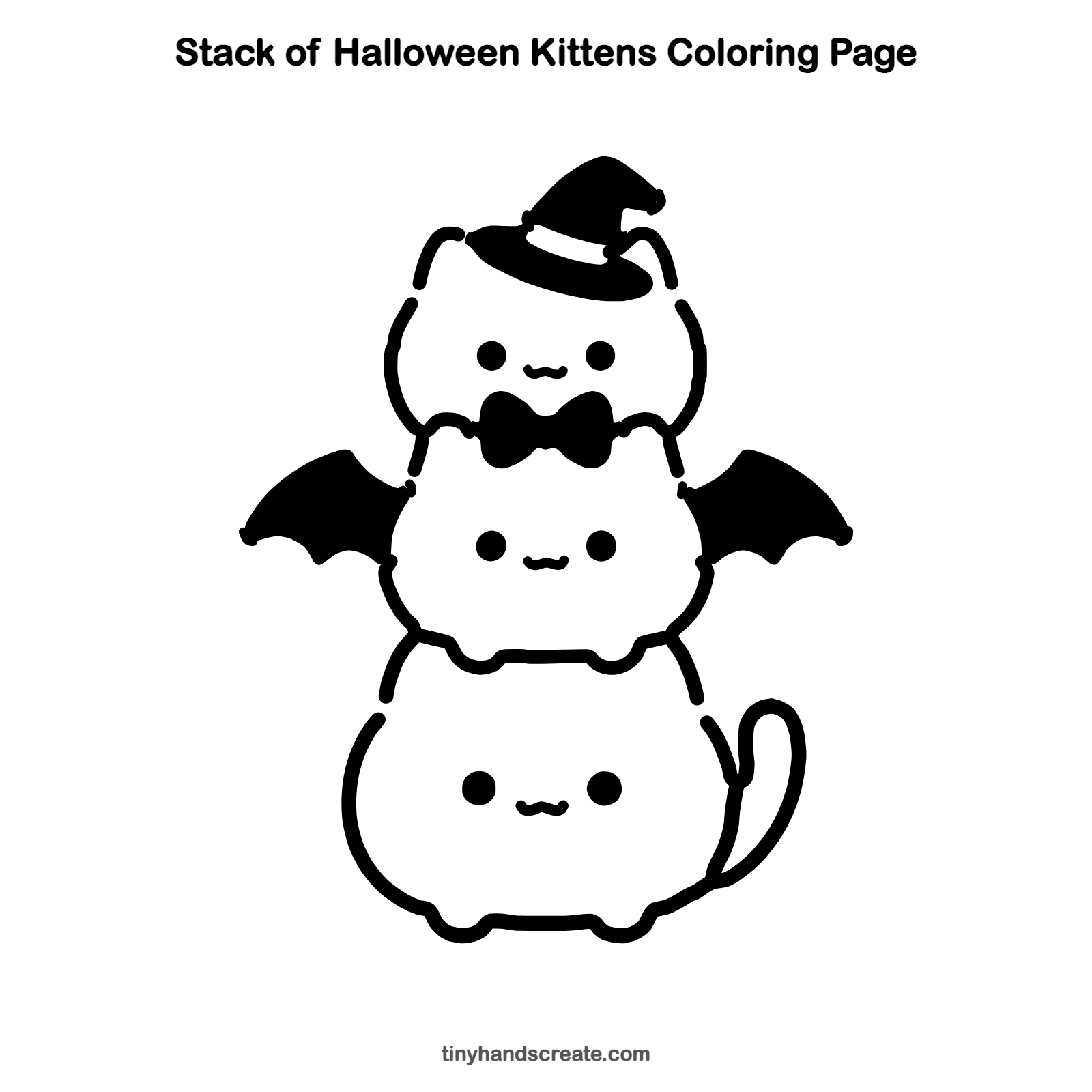 Free printable stack of Halloween kittens coloring page for kids