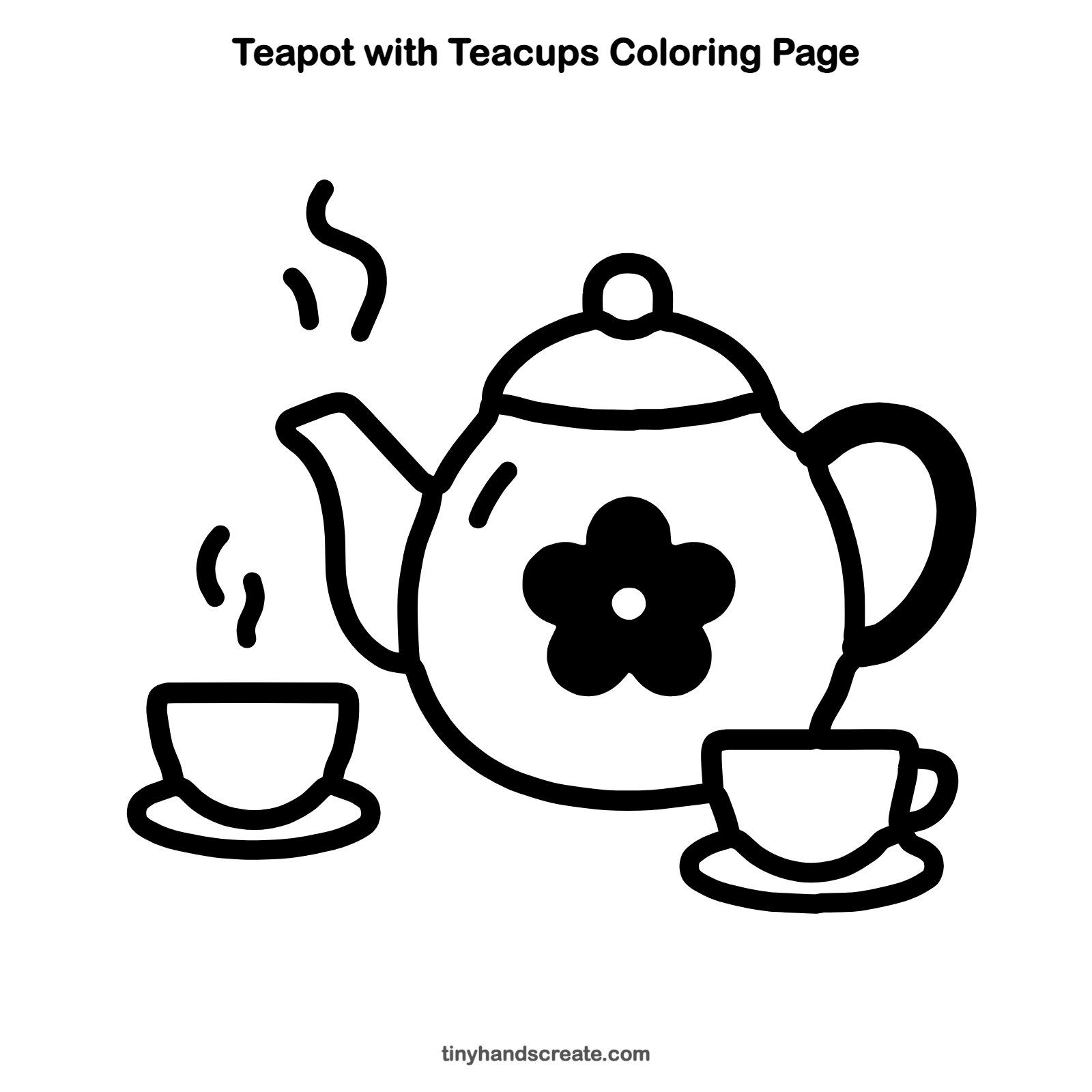 Free printable teapot with teacups coloring page for kids