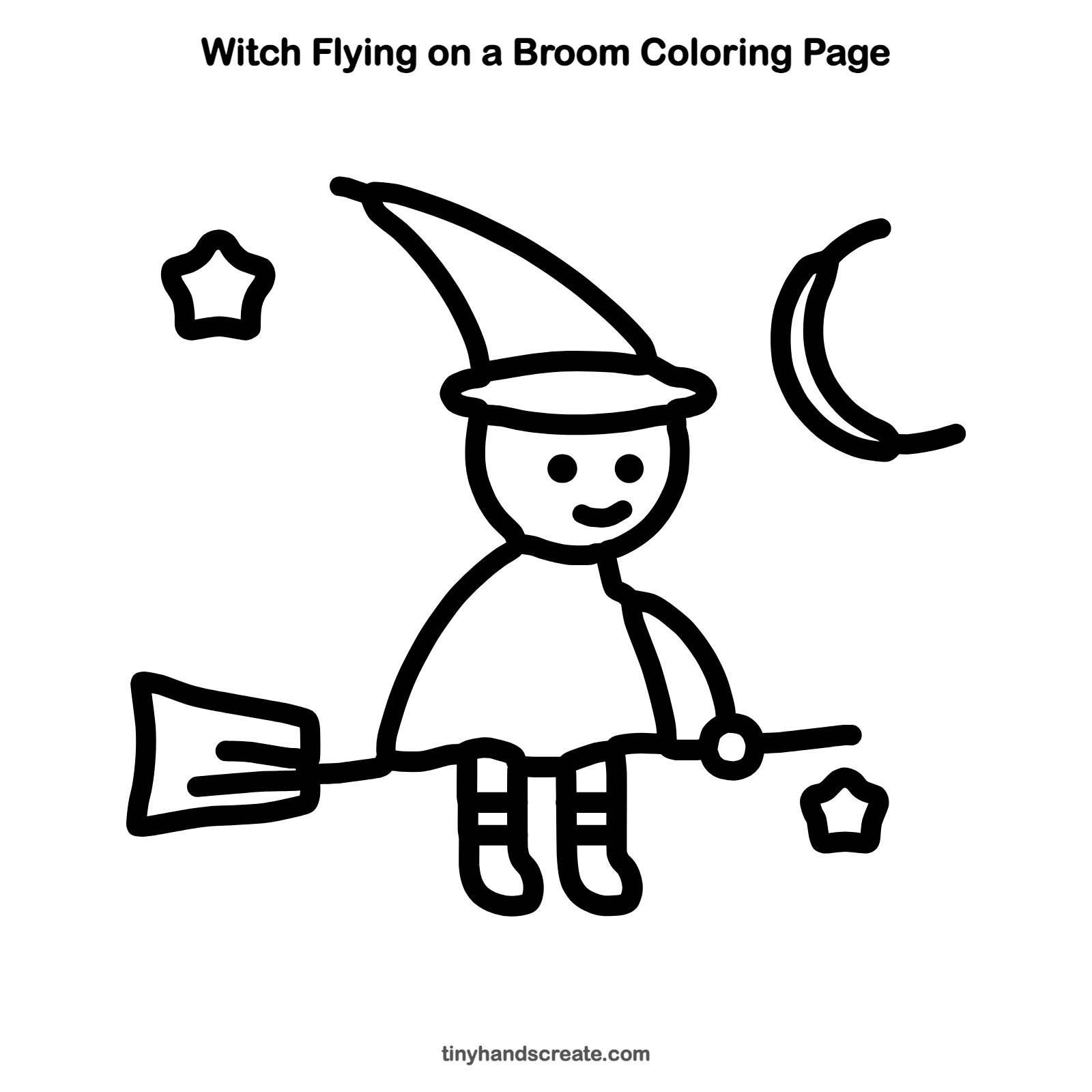 Free printable witch flying on a broom coloring page for kids
