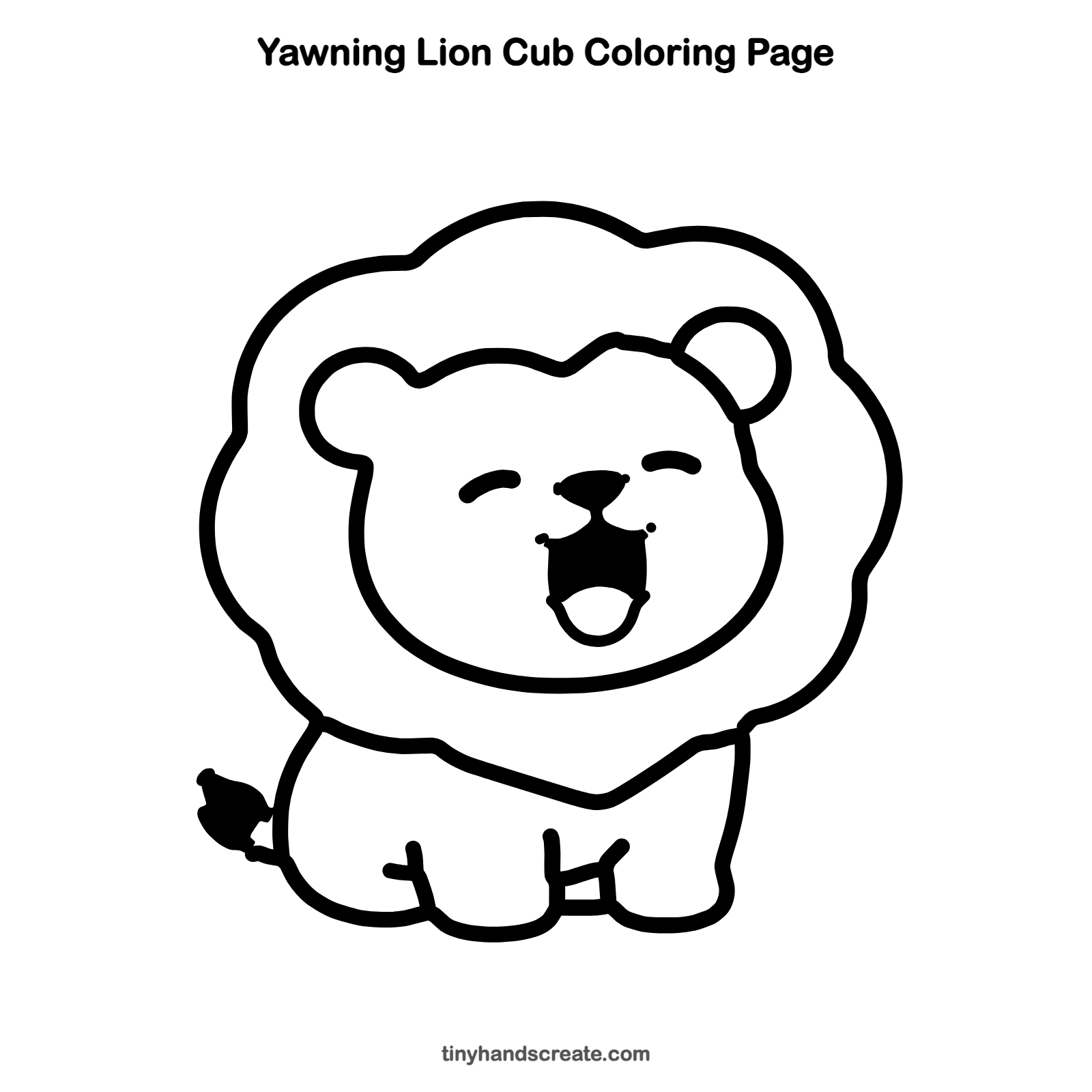 Free printable yawning lion cub coloring page for kids