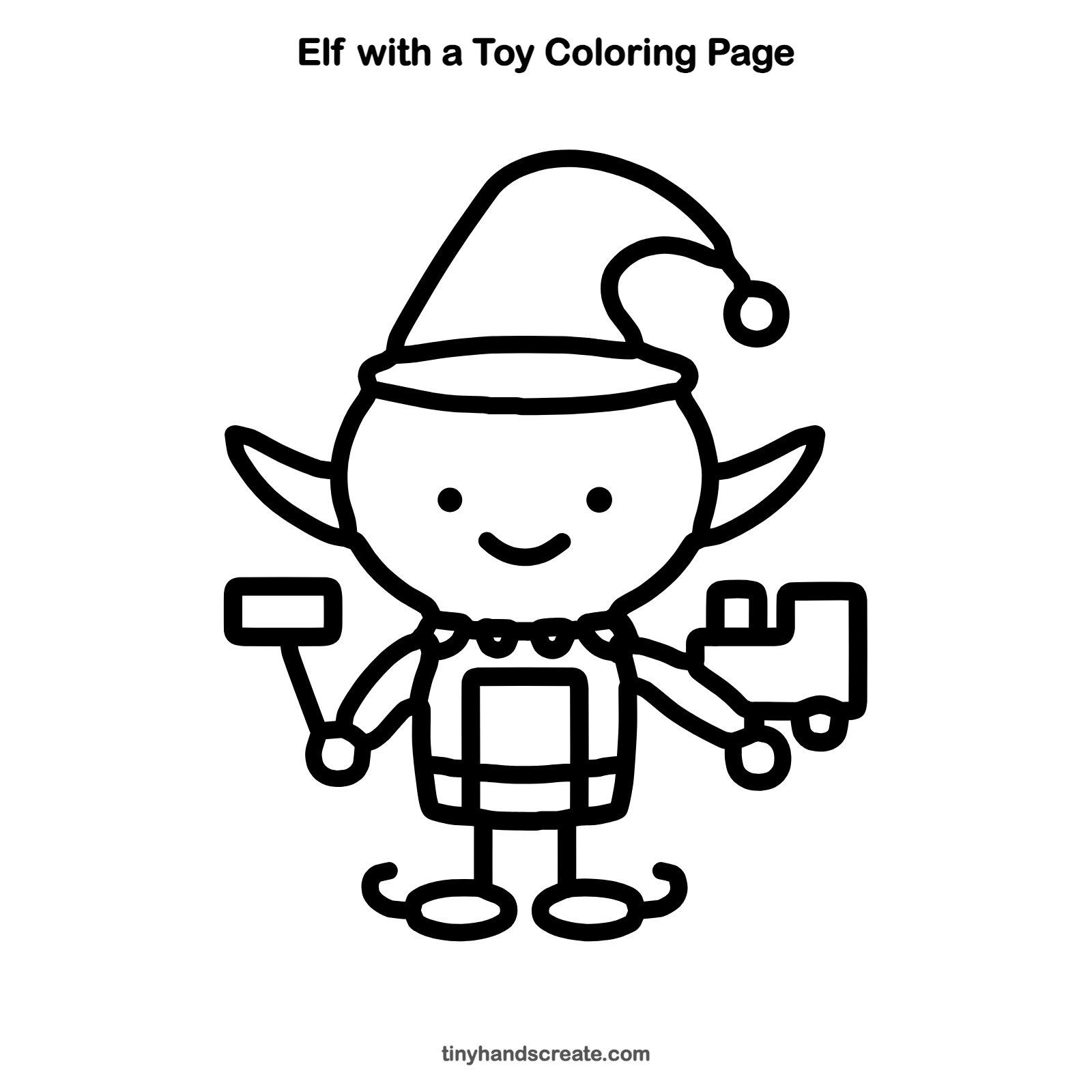 Free printable elf with a toy coloring page for kids