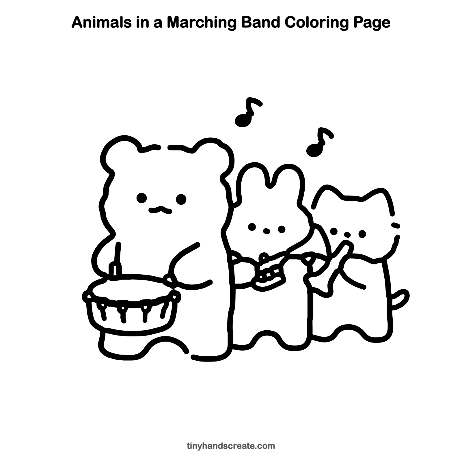 Free printable animals in a marching band coloring page for kids